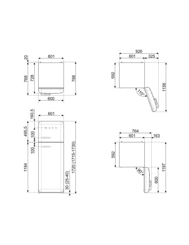 Smeg FAB30RPG5 Vert d'eau - Ch. droite - dimensions