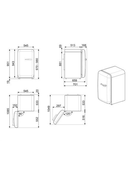 Smeg FAB10RRD6 Rouge charnières droites - dimensions
